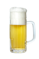 Beer in beer mug with foam, isolated on white