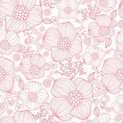 Vector red line art flowers elegant seamless pattern background - 47232818