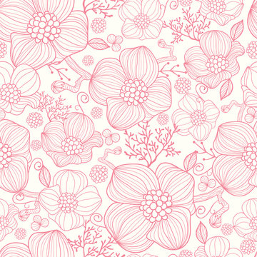 Vector red line art flowers elegant seamless pattern background