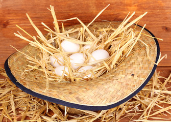 eco-friendly eggs in hat on wooden background