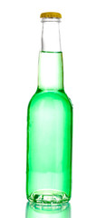 Tasty green drink in bottle isolated on white
