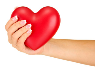 Obraz premium Red heart in woman's hand, on white background close-up