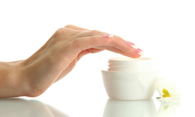 Beautiful woman hand with cream, isolated on white