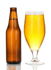 Bottle and glass of beer isolated on white