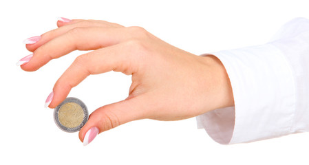Woman hand with euro coin, isolated on white