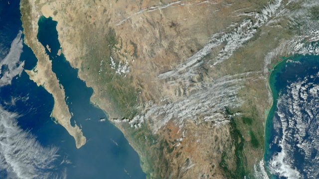 View from satellite flying over USA, from California to Florida