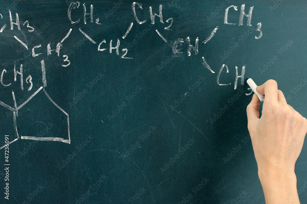 Wall mural Chemical structure formula written on blackboard with chalk.