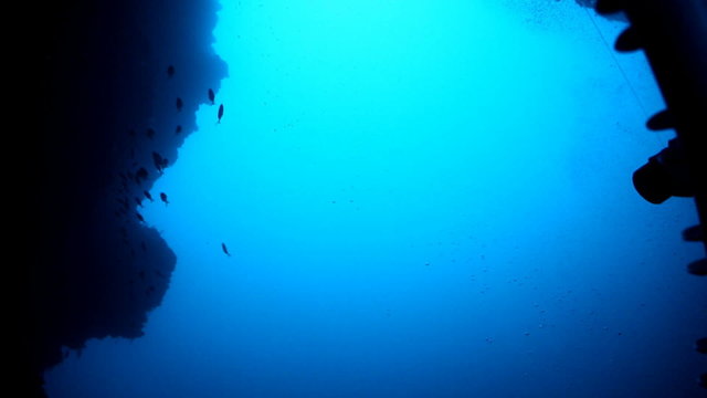 Deep diving submarine, amazing view through front porthole
