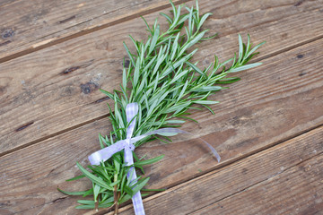 Rosemary plants on wooden table