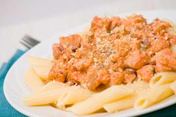 Pasta penne with salmon