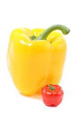 Yellow pepper and red mini pepper on white background