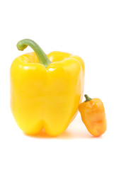 Yellow pepper and orange mini pepper on white background