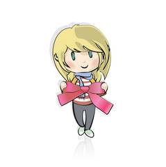 Blond girl with a red ribbon in the hands. Vector illustration.