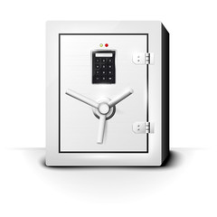 Metal safe with combination locks on white background