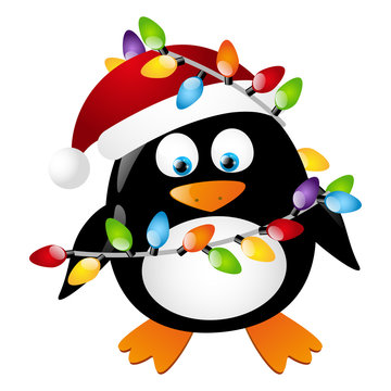 Penguin with Christmas light bulbs