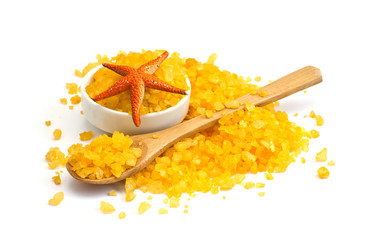 Sea salt in bowl  isolated on white