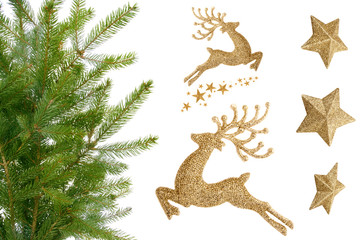 Fototapeta Christmas twig, gold reindeer and stars obraz