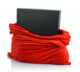 Santa Claus red bag with gift black box on white background