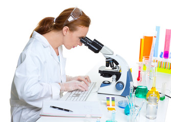 chemical laboratory scientist woman looking microscope