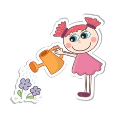 A little cartoon girl watering flowers. Vector illustration.