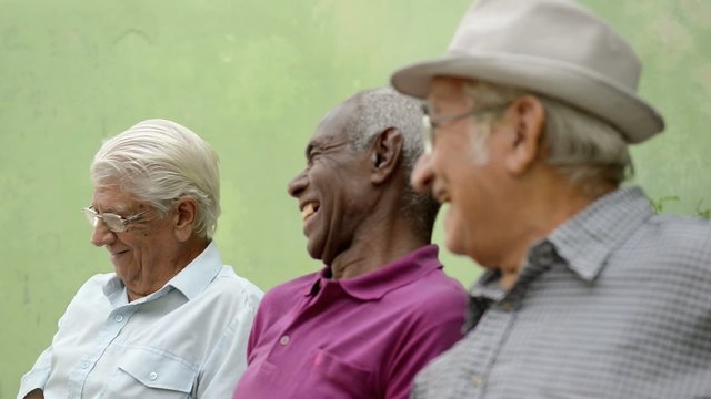Happy seniors, old men laughing and talking in park