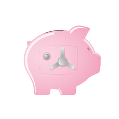 Pink piggy bank with a safe door isolated on white background