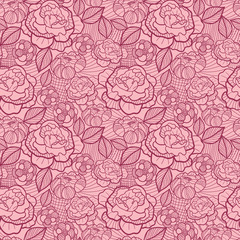 Vector floral red line art seamless pattern with hand drawn