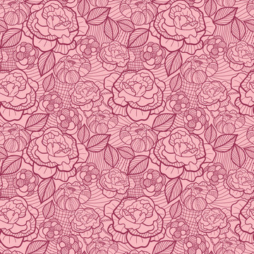 Vector floral red line art seamless pattern with hand drawn