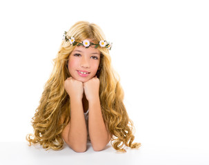 children blond girl with spring daisy flowers crown