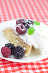 cake with icing,icecream, raspberry, blackberry and mint on a pl