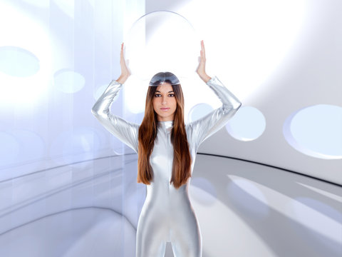 Astronaut Futuristic Silver Woman Glass Helmet