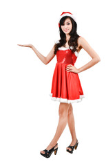 santa women presenting something on  hand