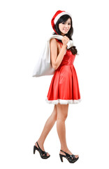 Santa woman  holding a white bag