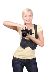 happy young woman with professional camera isolated