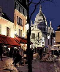 Store enrouleur occultant sans perçage Café de rue dessiné Montmartre en hiver