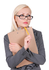 thinking business woman in glasses isolated