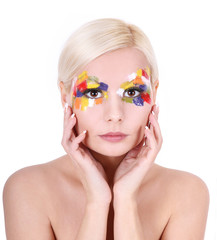 girl with multicolored art makeup and french manicure isolated