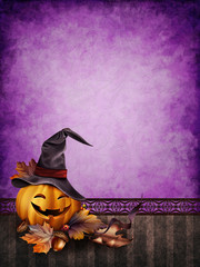 Tło na Halloween z dynią w czapce © Obsidian Fantasy