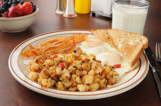 Bacon eggs and hash browns for breakfast