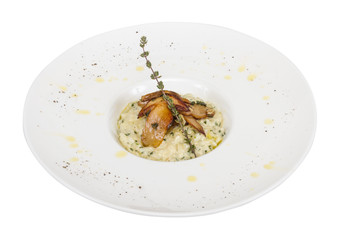 photo of delicious risotto dish with herbs and mushrooms on whit