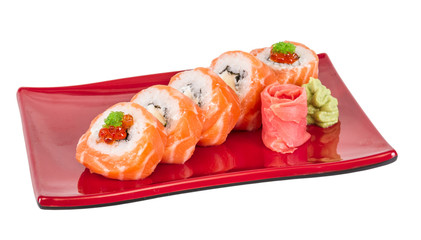 Japanese sushi traditional japanese food.Roll made of salmon, re