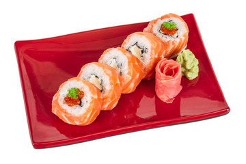 Japanese sushi traditional japanese food.Roll made of salmon, re