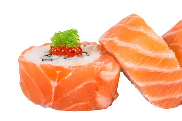 Japanese sushi traditional japanese food.Roll made of salmon, re