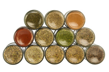 colorful powder spices in glass bottle