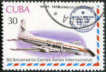 CUBA - 1977: shows vintage airplane and Havana-Prague cachet