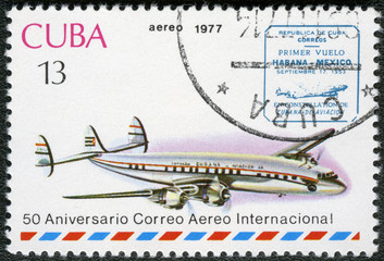 CUBA - 1977: shows vintage airplane and Havana-Mexico cachet