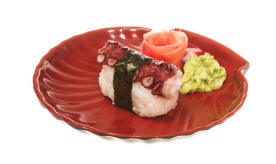 Japanese sushi with meat octopus on a white background