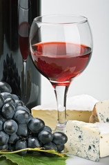 glass of red wine with bottle