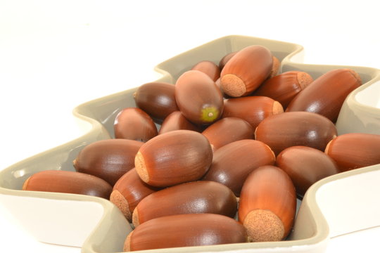 Bol en forma de abeto repleto de bellotas crudas