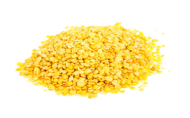 Yellow lentils isolated on white background. Macro shot